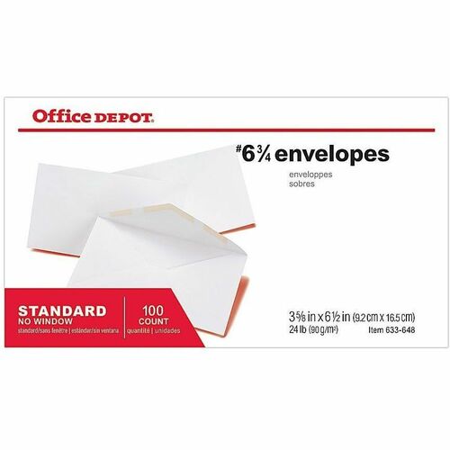Office Depot® Brand Envelopes, 3-5/8" x 6-1/2" , Gummed Seal, White, Box Of 100 - Business - #6 3/4 - 6 1/2" Width x 3 5/8" Length - 24 lb - Gummed - White - Paper - 100 Box