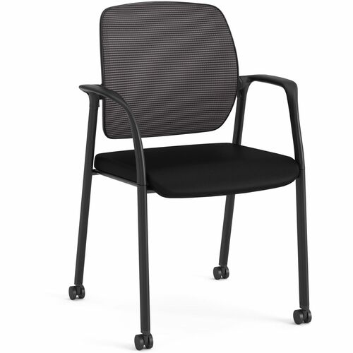 HON Nucleus Guest Chairs - Black Vinyl, Polyurethane Seat - Black Mesh Back - Four-legged Base - Armrest - 1 Each