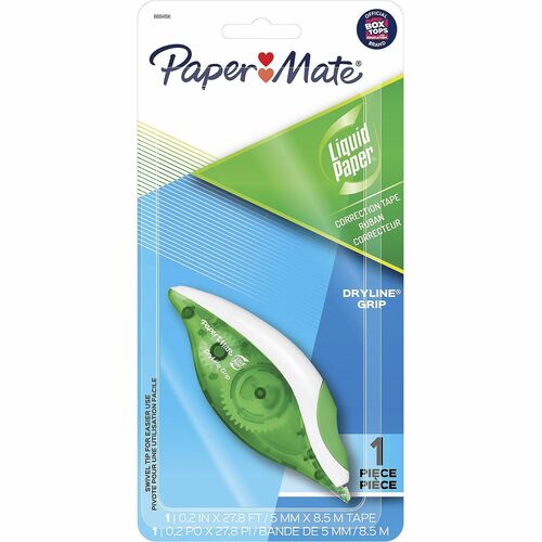 Paper Mate DryLine Grip Correction Tape - 0.20" Width x 27.80 ft LengthGreen, White, Transparent Dispenser - Smooth, Mess-free, Swivel Tip, Ergonomic, Tear Resistant - 1 Pack - White