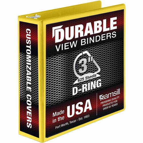 Samsill Durable Three-Ring View Binder - 3" Binder Capacity - 625 Sheet Capacity - 3 x D-Ring Fastener(s) - 2 Internal Pocket(s) - Polypropylene, Chipboard - Yellow - Recycled - Durable, PVC-free, Ink-transfer Resistant, Clear Overlay, Sturdy - 1 Each