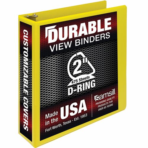 Samsill Durable Three-Ring View Binder - 2" Binder Capacity - 475 Sheet Capacity - 3 x D-Ring Fastener(s) - 2 Internal Pocket(s) - Polypropylene, Chipboard - Yellow - Recycled - Durable, PVC-free, Ink-transfer Resistant, Clear Overlay, Sturdy - 1 Each