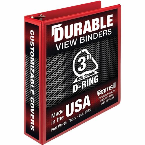 Samsill Durable Three-Ring View Binder - 3" Binder Capacity - 625 Sheet Capacity - 3 x D-Ring Fastener(s) - 2 Internal Pocket(s) - Polypropylene, Chipboard - Red - Recycled - Durable, PVC-free, Ink-transfer Resistant, Clear Overlay, Sturdy - 1 Each