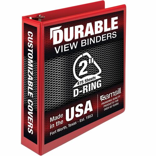 Samsill Durable Three-Ring View Binder - 2" Binder Capacity - 475 Sheet Capacity - 3 x D-Ring Fastener(s) - 2 Internal Pocket(s) - Polypropylene, Chipboard - Red - Recycled - Durable, PVC-free, Ink-transfer Resistant, Clear Overlay, Sturdy - 1 Each