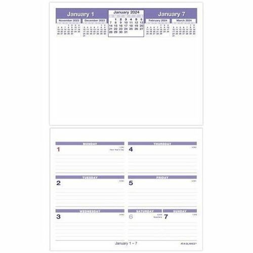 At-a-Glance Flip-A-Week Calendar Refill - Small Size - Julian Dates - Weekly - 12 Month - January 2024 - December 2024 - 1 Week Single Page Layout - 5 3/4" x 7" White Sheet - 1-ring - Desk - Paper - International Holiday, Notes Section, Reference Calendar
