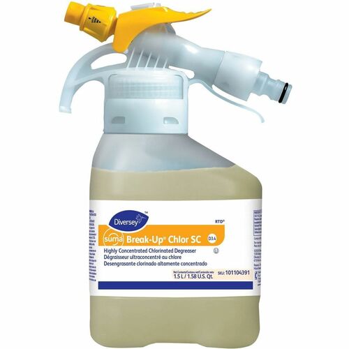 Suma Break-Up Chlor SC D3.4 - For Multipurpose, Multi Surface - Concentrate - Spray - 50.7 fl oz (1.6 quart) - 12.66 to 13.22 pH - Chlorine Scent - Kosher, Heavy Duty - Yellow - 2 / Case