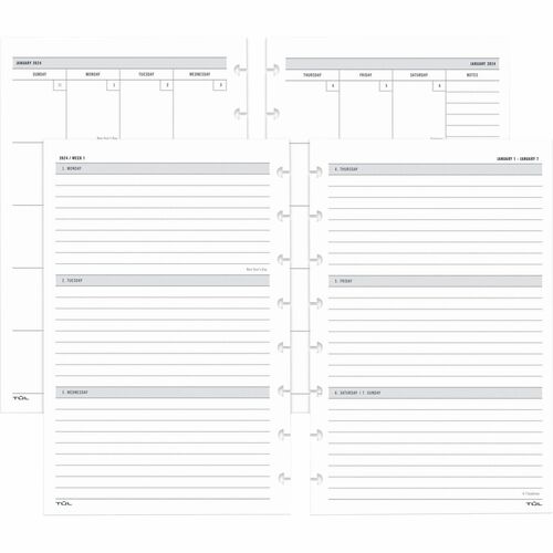 TUL; Discbound Weekly/Monthly Planner Refill Pages, Junior Size - Junior Size - Weekly, Monthly - 12 Month - January 2024 - December 2024 - 1 Week, 1 Month Double Page Layout - 5 1/2" x 8 1/2" Sheet Size - Discbound - White - Paper - Notes Section, Intern