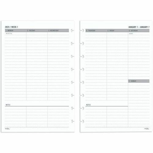 2024 TUL® Discbound Weekly Planner Refill Pages, Untimed Vertical Format, Junior Size, January To December - Junior Size - Weekly - 12 Month - January 2024 - December 2024 - 1 Week Double Page Layout - 5 1/2" x 8 1/2" Sheet Size - Discbound - White - 