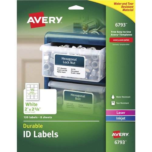 Avery® Durable Easy Peel® ID Labels With Sure Feed® Technology, 6793, Rectangle, 2" x 2-5/8", White, Pack Of 120 - 2" Height x 2 5/8" Width - Permanent Adhesive - Rectangle - Laser, Inkjet - White - Film - 15 / Sheet - 8 Total Sheets