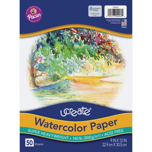 Pacon® UCreate Watercolor Paper, 9" x 12", White, 50 Sheets Per Pack, Case Of 2 Packs - 50 Sheets - 140 lb Basis Weight - 300 g/m² Grammage - 9" x 12" Sheet Size - White Paper - Acid-free, Heavyweight Sheet, Recyclable, Sturdy - 2 / Cas