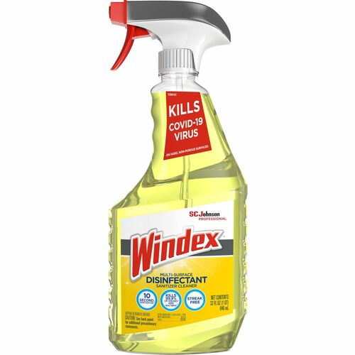 Windex® Multisurface Disinfectant Spray - Concentrate - 32 fl oz (1 quart) - Citrus ScentTrigger Bottle - 8 / Carton - Streak-free, Residue-free - Yellow