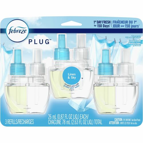 Febreze Plug Linen/Sky Oil Refill - Oil - 0.8 fl oz (0 quart) - Linen & Sky - 50 Day - Long Lasting, Odor Neutralizer - 3 Pack - 3 / Carton