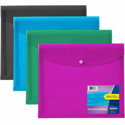 Avery® Letter, A4 Recycled Filing Envelope - 450 Sheet Capacity - Plastic, Polypropylene - Black, Aqua, Sage, Plum - 100% Recycled - 4 Pack