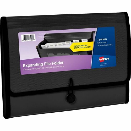 Avery® Letter, A4 Expanding File - 425 Sheet Capacity - 7 Pocket(s) - Polypropylene, Plastic, Fabric - Black - 0% Recycled - 1 Each