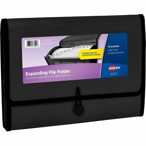 Avery® Letter, A4 Expanding File - 425 Sheet Capacity - 13 Pocket(s) - Polypropylene, Plastic, Fabric - Black - 0% Recycled - 1 Each