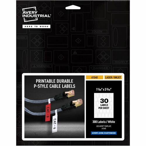 Avery Cable Labels, P-Style, 1.02" x 3.3" , 300 Total (61540) - Waterproof - 1 1/64" Width x 3 19/64" Length - Permanent Adhesive - P-shaped - Laser - White - Film - 30 / Sheet - 10 Total Sheets - 300 Total Label(s) - 1 - Durable, Uncoated, Chlorine-free,