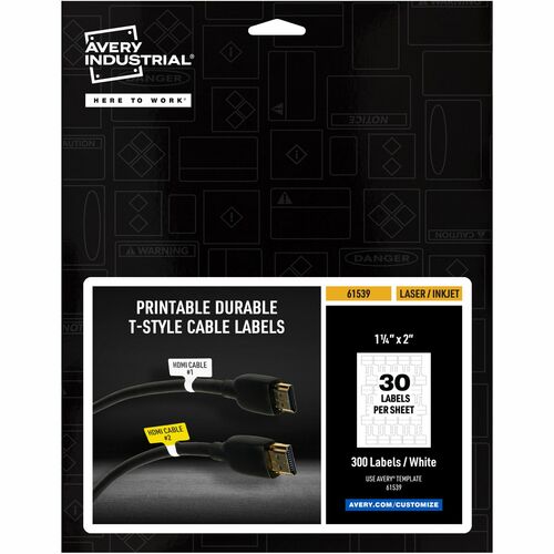 Avery Cable Labels, T-Style, 1.25" x 2" , 300 Total (61539) - Waterproof - 1 1/4" Width x 2" Length - Permanent Adhesive - T-shaped - Inkjet, Laser - White - Film - 30 / Sheet - 10 Total Sheets - 300 Total Label(s) - 1 - Durable, Uncoated, Chlorine-free, 