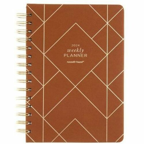 russell+hazel 2024 A5 Weekly Planner - Camel with Gold Foil - Weekly - Spiral Bound - Camel Cover5.8" Width - Double-sided Pocket, Notes Section, Reminder Section