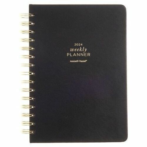 russell+hazel 2024 A5 Weekly Planner - Black Vegan Leather - Weekly - Spiral Bound - Black Cover - 8.2" Height x 5.8" Width - Reminder Section, Notes Section, Double-sided Pocket - 1