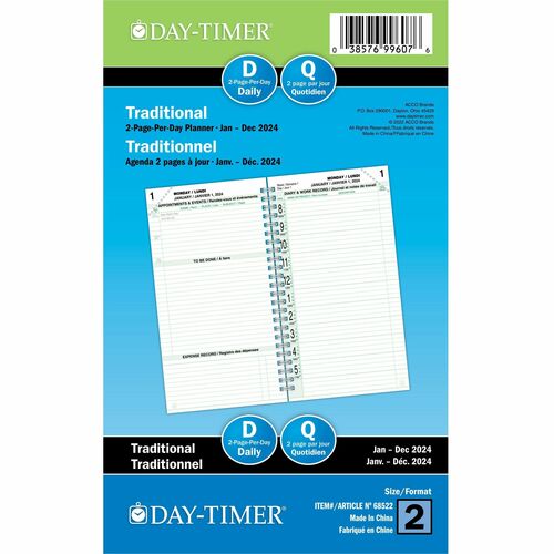 DayTimer Planner Refill - Pocket Size - January 2024 - December 2024 - 1 Day Double Page Layout - 3 1/2" x 6 1/2" Sheet Size - Paper - Bilingual