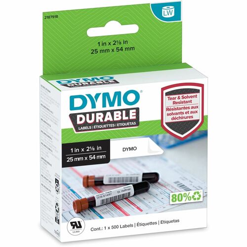 Dymo LW Durable Labels - 1" Width x 2 1/8" Length - Direct Thermal - White - Plastic - 500 / Roll - 500 / Roll - Durable, Scratch Resistant, Tear Resistant