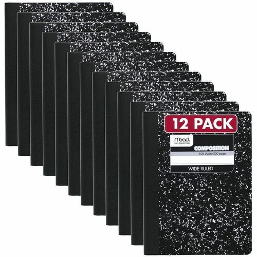 Mead Wide Ruled Composition Book - 1 Subject(s) - 100 Sheets - 200 Pages - Sewn - Legal/Wide Ruled Front Ruling - 20 lb Basis Weight - White Paper - Black Marble Marble Paper Cover - Reference Page, Double Sided Sheet, Conversion Table, Undated, Opaque, M