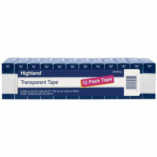 3M Highland Transparent Light-duty Tape - 27.78 yd Length x 0.75" Width - 1" Core - Transparent - Polypropylene Film - Acrylic Adhesive - Desktop Dispenser - For Packaging, Envelope, Mending, Sealing, Holding, Protecting - 12 / Pack
