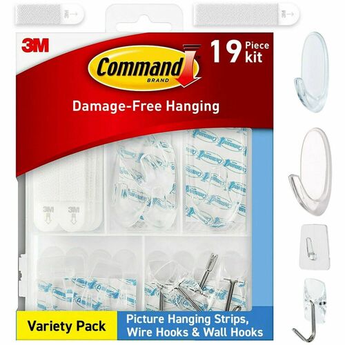 Command Clear Hanging Hooks Variety Pack - Adhesive - Assorted - for Wood, Tile, Glass, Metal, Hat, Calendar, Decoration, Smooth Surface, Key, Spoon, Tool, ... - Plastic - Clear - 1 / Pack