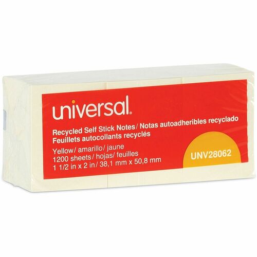 Universal Note Pad - Rectangle - 100 Sheets per Pad - Unruled - Yellow - Paper - Self-stick, Repositionable, Adhesive Backing - Recycled - 12 / Pack