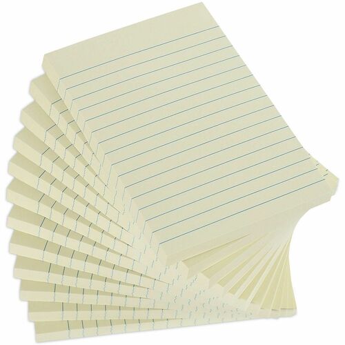 Universal Note Pad - Rectangle - 100 Sheets per Pad - Unruled - Yellow - Paper - Self-stick, Repositionable, Adhesive Backing - Recycled - 12 / Pack