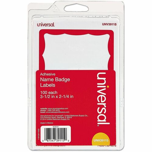 Universal Name Badge - Print/Message - "Horizontal - 3.5" Width x 2.3" Depth - Self-adhesive, Removable, Peel-off - Meeting, Seminar, Conference - Paper - White, Red - 100 / Pack