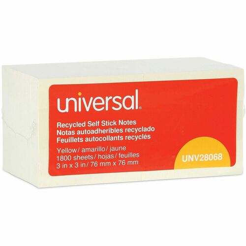 Universal Note Pad - Square - 100 Sheets per Pad - Unruled - Yellow - Paper - Self-stick, Repositionable, Adhesive Backing - Recycled - 18 / Pack