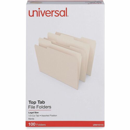 Universal 1/3 Tab Cut Legal Top Tab File Folder - 3/4" Expansion - Assorted Tab Position - 11 pt. - Manila - Manila - 100 / Box