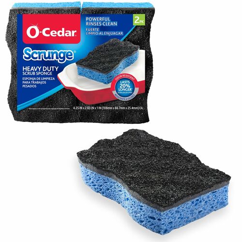 O-Cedar Scrunge Heavy-Duty Scrub Sponge - 4.2" Width x 2.6" Depth x 7.5" Length - 2 / Pack - Cellulose - Multi, Blue, Black