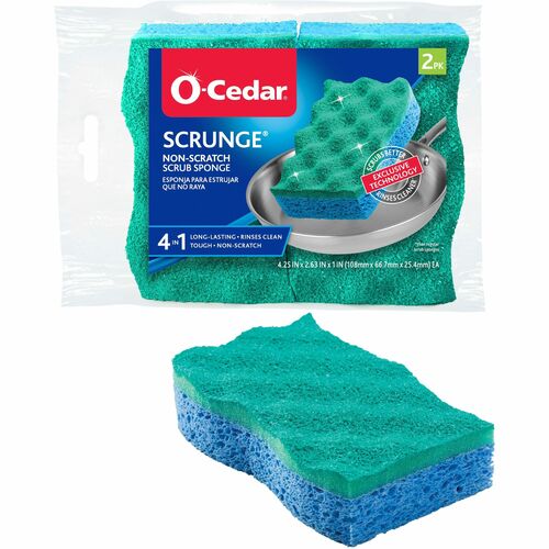 O-Cedar Scrunge Non-Scratch Scrub Sponge - 4.2" Width x 2.6" Depth x 4.2" Length - 2 / Pack - Cellulose, Synthetic Fiber - Multi, Blue, Green