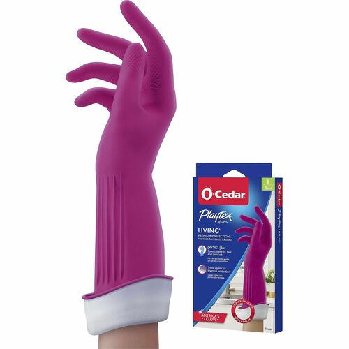 O-Cedar Playtex Living Gloves - Chemical, Bacteria Protection - Large Size - Latex, Neoprene, Nitrile - Pink - Anti-microbial, Reusable, Durable, Comfortable, Odor Resistant, Textured Palm, Textured Fingertip - For Household, Cleaning - 2 / Pair - 14" Glo