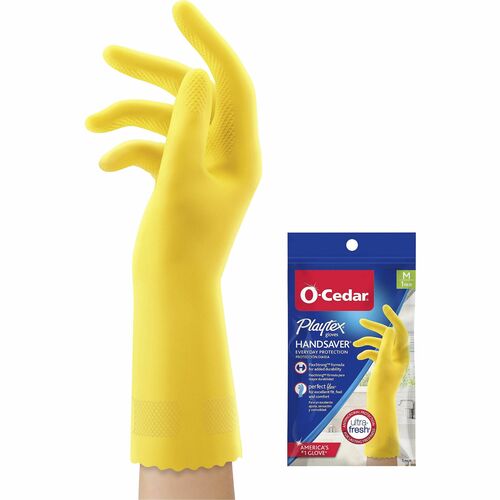 O-Cedar Playtex Handsaver Gloves - Hot Water, Chemical Protection - Medium Size - Latex, Nitrile, Neoprene - Yellow - Long Lasting, Durable, Anti-microbial, Odor Resistant, Comfortable, Textured Fingertip, Textured Palm, Reusable - For Household, Cleaning