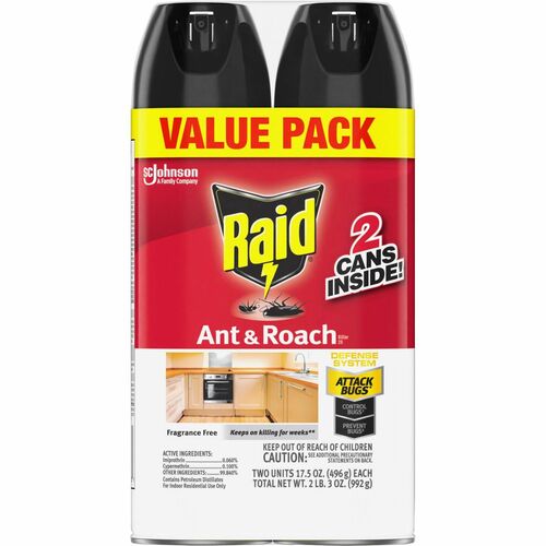 Raid Ant & Roach Killer Spray - Spray - Kills Cockroaches, Ants, Silverfish, Water Bugs, Palmetto Bug, Carpet Beetle, Earwig, Spider, Lady Beetle, Black Widow Spider - 1.09 lb - Red - 2 / Pack