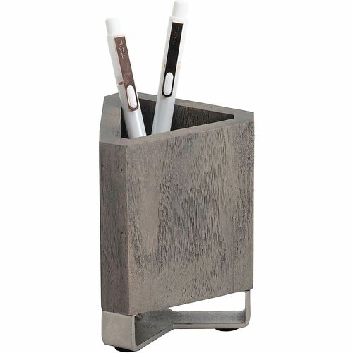 Realspace® Orix Wood/Metal Pen Cup, 4-3/4"H x 3-1/4"W x 3-1/4"D, Gray/Nickel - 1 Compartment(s) - 4.70" Height x 3.20" Width x 3.20" Depth - Non-skid Base - Gray, Nickel - Wood Each