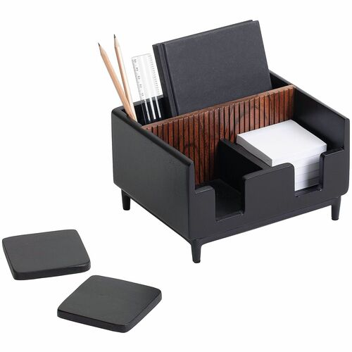 Realspace® Becker Wood/Metal Desktop Organizer With Coasters, 8-3/4" x 7" , Natural/Black - Natural, Black - 1 Each