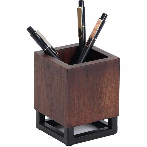 Realspace® Acadia Wood/Metal Pen Cup, 4-1/4"H x 3-1/4"W x 3-1/4"D, Walnut/Black - 1 Compartment(s) - 4.20" Height x 3.20" Width x 3.20" Depth - Non-skid Base - Walnut, Black - Wood Each