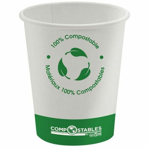 Globe Single Wall Hot/Cold Compostable Paper Cups - 8 Oz / White - 50 / Pack - White - Paper, Polylactic Acid (PLA) - Coffee, Tea, Beverage, Hot Drink, Cold, Juice, Water