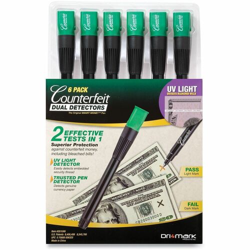 Dri Mark Counterfeit Dual Detector Pen - Ultraviolet, Watermark, Ink - Black, Green - 6 / Pack