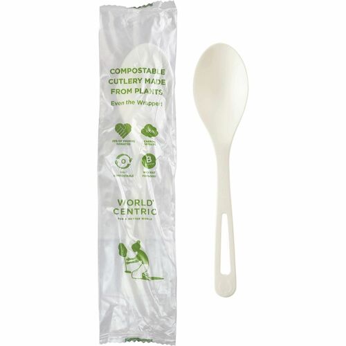 World Centric 6" TPLA Spoon - Wrapped - Case of 750 - Spoon - Cutlery Spoon - Dishwasher Safe - Talc-filled Polylactic Acid (TPLA) - 750 / Case
