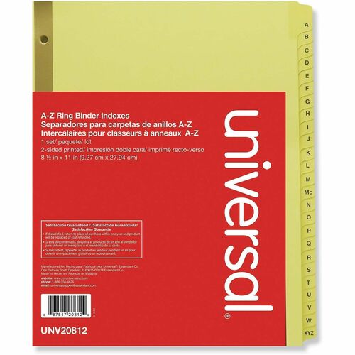Universal Printed Alpha Index Dividers - 25 x Divider(s) - 25 Printed Side Tab(s) - Alphabet - A-Z - 25 Tab(s)/Set - 8.5" Divider Width x 11" Divider Length - 3 Hole Punched - Buff Paper Divider - Clear Buff Plastic, Paper Tab(s) - Pre-printed, Reinforced