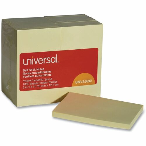 Universal Standard Self-Stick Pads - 1800 x Yellow - 3" Flag/Note Width x 5" Flag/Note Length - Rectangle - 100 Sheets per Pad - Unruled - Yellow - Self-stick, Residue-free - 18 Pads/Pack - 1 Pack