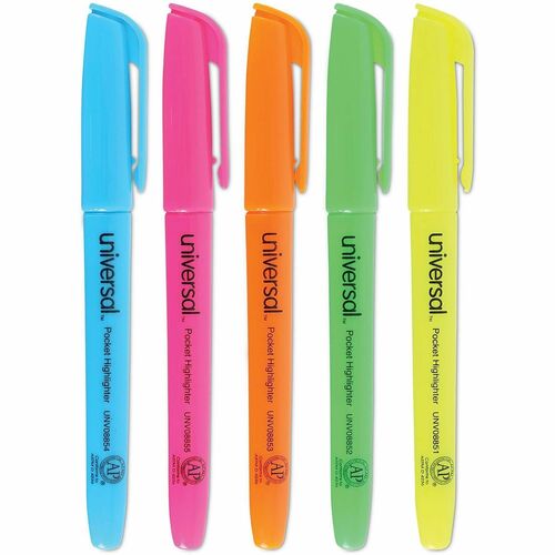 Universal Highlighter - Fluorescent Blue, Fluorescent Green, Fluorescent Orange, Fluorescent Pink, Fluorescent Yellow Ink - Blue, Green, Orange, Pink, Yellow Barrel - 5 / Set