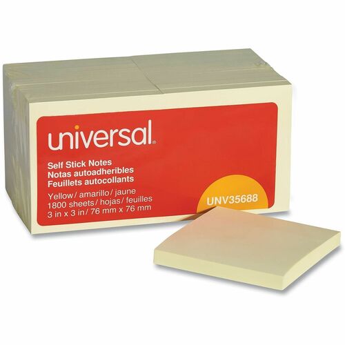 Universal Standard Self-Stick Pads - 1800 x Yellow - 3" Flag/Note Width x 3" Flag/Note Length - Square - 100 Sheets per Pad - Unruled - Yellow - Self-stick, Residue-free - 18 Pads/Pack - 1 Pack