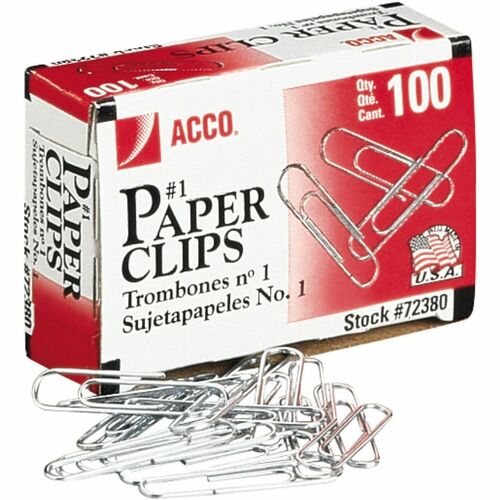 ACCO Paper Clip - Standard - No. 1 - for Home, School, Office - Corrosion Resistant, Smooth - Silver - Steel, Zinc Plated - 100 / Box