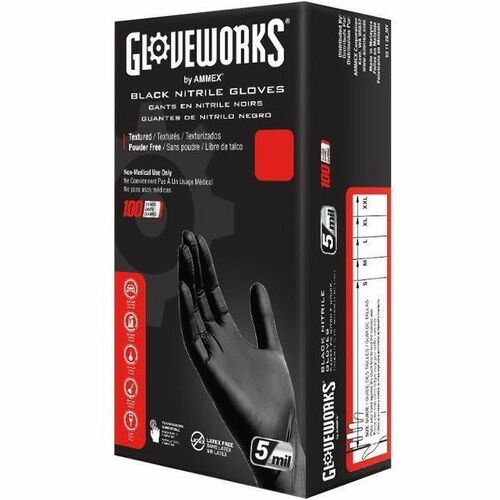 Gloveworks Industrial Black Nitrile Disposable Gloves - 5 mil Thickness x 9.45" Glove Length - Dirt, Grime Protection - Polymer Coating - XXL Size - For Right/Left Hand - Nitrile - Black - Textured, Latex-free, Non-sterile, Chemical Resistant - For Indust