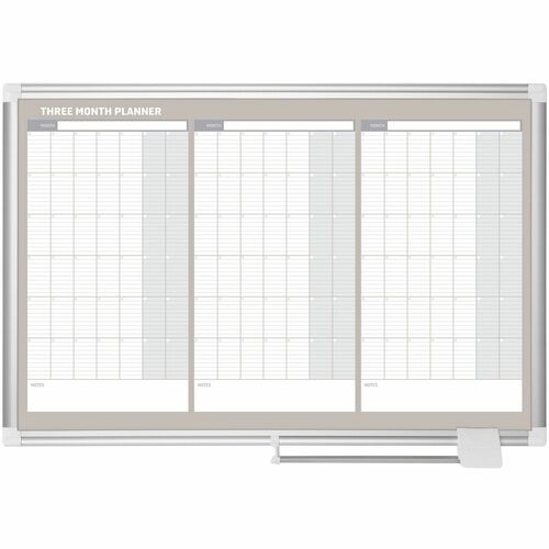 MasterVision 3-Month Calendar Board - 36" (3 ft) Width x 24" (2 ft) Height - White Lacquered Steel Surface - Aluminum Frame - Rectangle - Horizontal - Magnetic - 1 Each